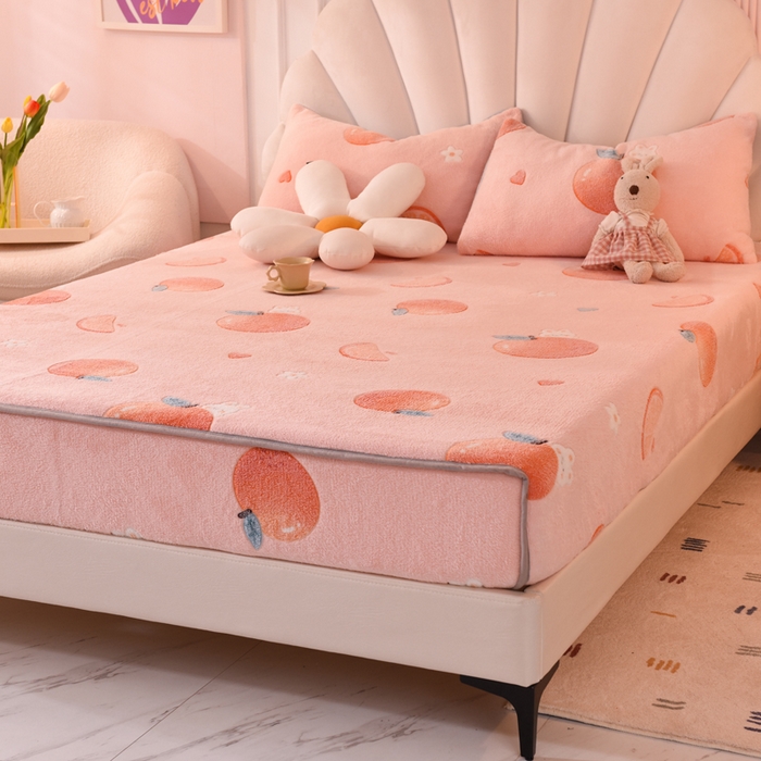 91家纺网 家纺一手货源 找家纺 慕梵家居2025新款雪花绒床笠 心想事橙