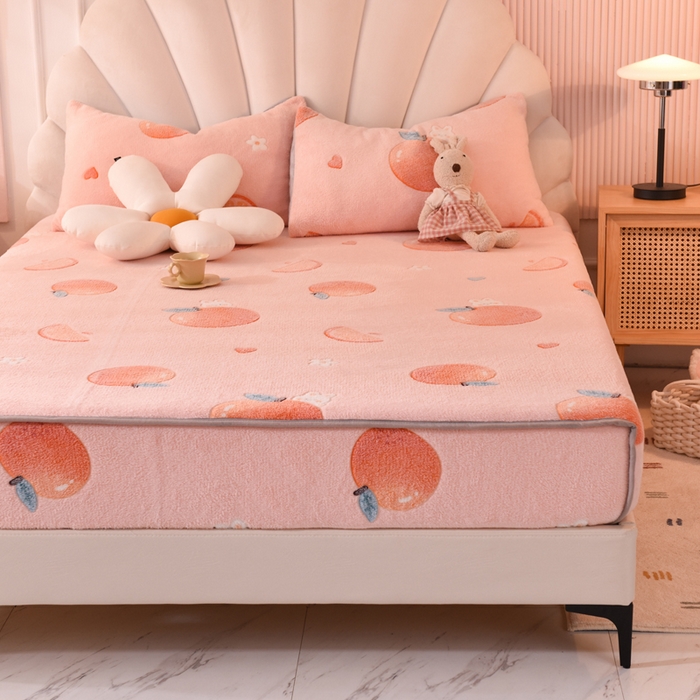 91家纺网 家纺一手货源 找家纺 慕梵家居2025新款雪花绒床笠 心想事橙