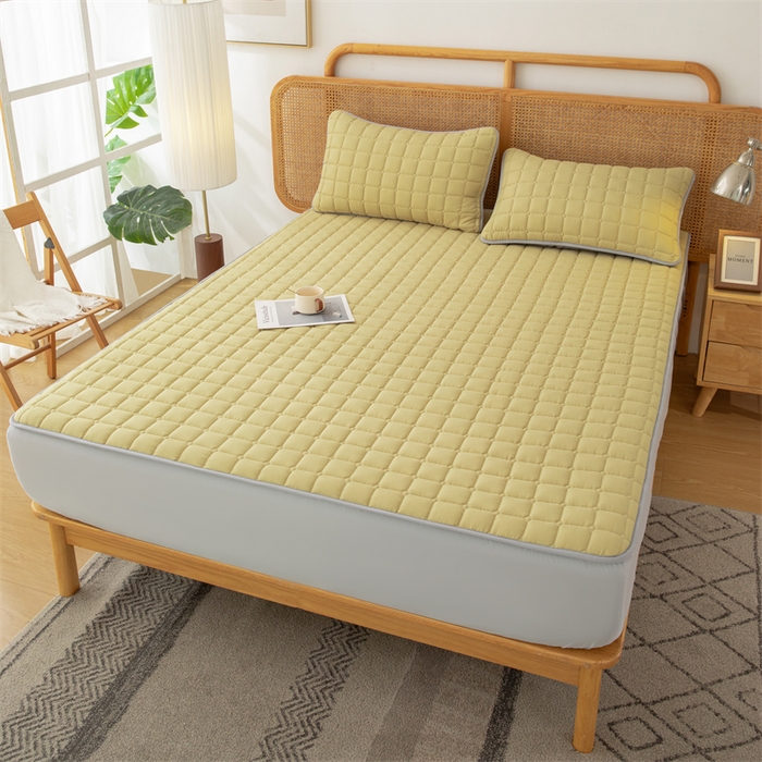 91家纺网 家纺一手货源 找家纺 拾小柒 2025新款A类原棉大豆纤维加厚床褥子床垫保护垫床笠款 柠檬黄