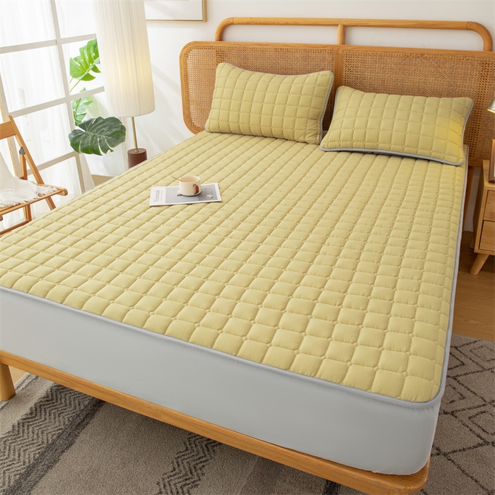 91家纺网 家纺一手货源 找家纺 拾小柒 2025新款A类原棉大豆纤维加厚床褥子床垫保护垫床笠款 柠檬黄