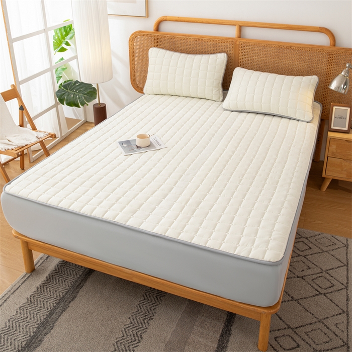 91家纺网 家纺一手货源 找家纺 拾小柒 2025新款A类原棉大豆纤维加厚床褥子床垫保护垫床笠款 浅米色