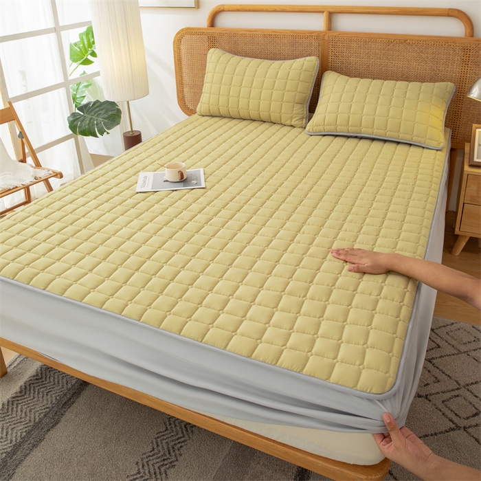 91家纺网 家纺一手货源 找家纺 拾小柒 2025新款A类原棉大豆纤维加厚床褥子床垫保护垫床笠款 柠檬黄