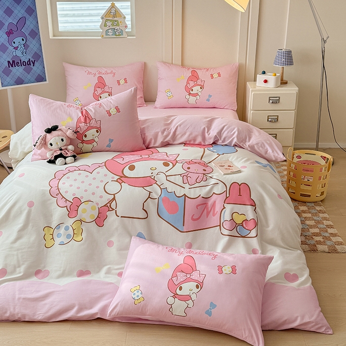 91家纺网 家纺一手货源 找家纺 玉元坊 2025新款大版三丽鸥系列全棉纯棉床单纯棉床裙三四件套简约款 糖果美乐蒂