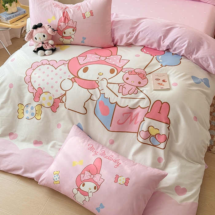 91家纺网 家纺一手货源 找家纺 玉元坊 2025新款大版三丽鸥系列全棉纯棉床单纯棉床裙三四件套简约款 糖果美乐蒂