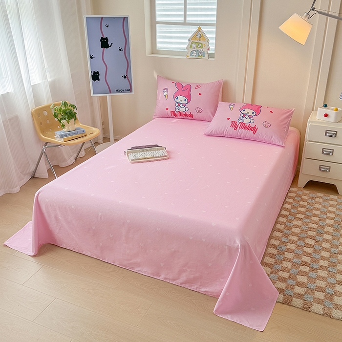 91家纺网 家纺一手货源 找家纺 玉元坊 2025新款大版三丽鸥系列全棉纯棉床单纯棉床裙三四件套简约款 甜筒美乐蒂