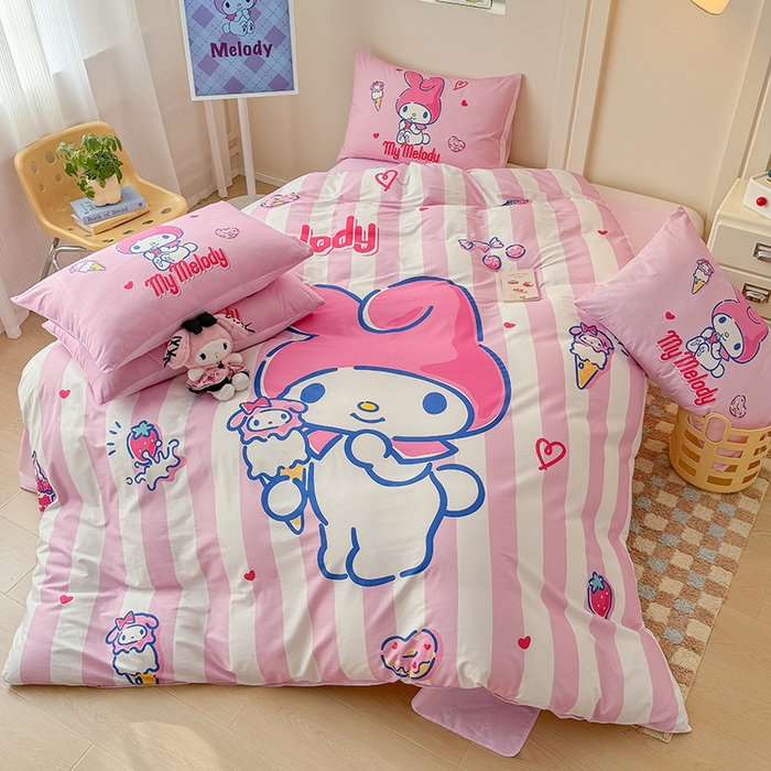 91家纺网 家纺一手货源 找家纺 玉元坊 2025新款大版三丽鸥系列全棉纯棉床单纯棉床裙三四件套简约款 甜筒美乐蒂