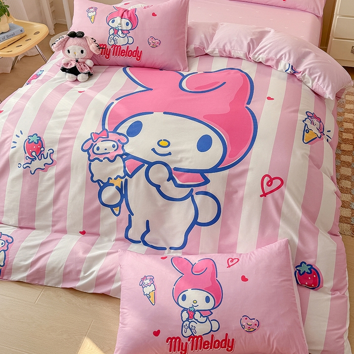 91家纺网 家纺一手货源 找家纺 玉元坊 2025新款大版三丽鸥系列全棉纯棉床单纯棉床裙三四件套简约款 甜筒美乐蒂