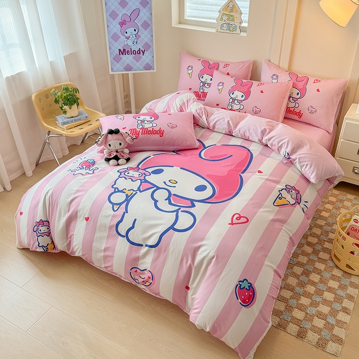 91家纺网 家纺一手货源 找家纺 玉元坊 2025新款大版三丽鸥系列全棉纯棉床单纯棉床裙三四件套简约款 甜筒美乐蒂