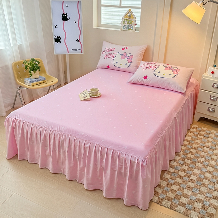 91家纺网 家纺一手货源 找家纺 玉元坊 2025新款大版三丽鸥系列全棉纯棉床单纯棉床裙三四件套简约款 甜心凯蒂