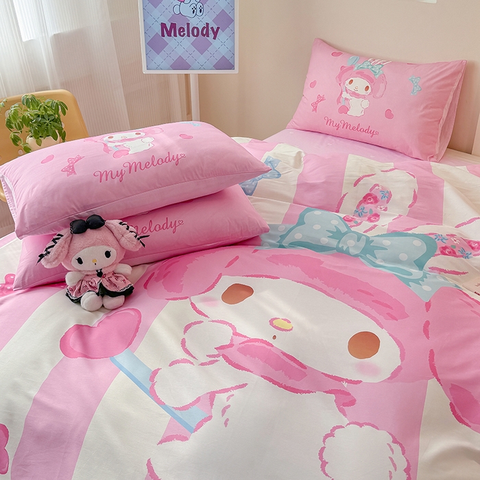 91家纺网 家纺一手货源 找家纺 玉元坊 2025新款大版三丽鸥系列全棉纯棉床单纯棉床裙三四件套简约款 甜心美乐蒂