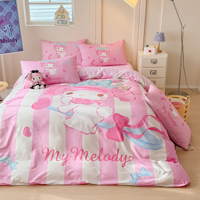 91家纺网 家纺一手货源 找家纺 玉元坊 2025新款大版三丽鸥系列全棉纯棉床单纯棉床裙三四件套简约款 甜心美乐蒂