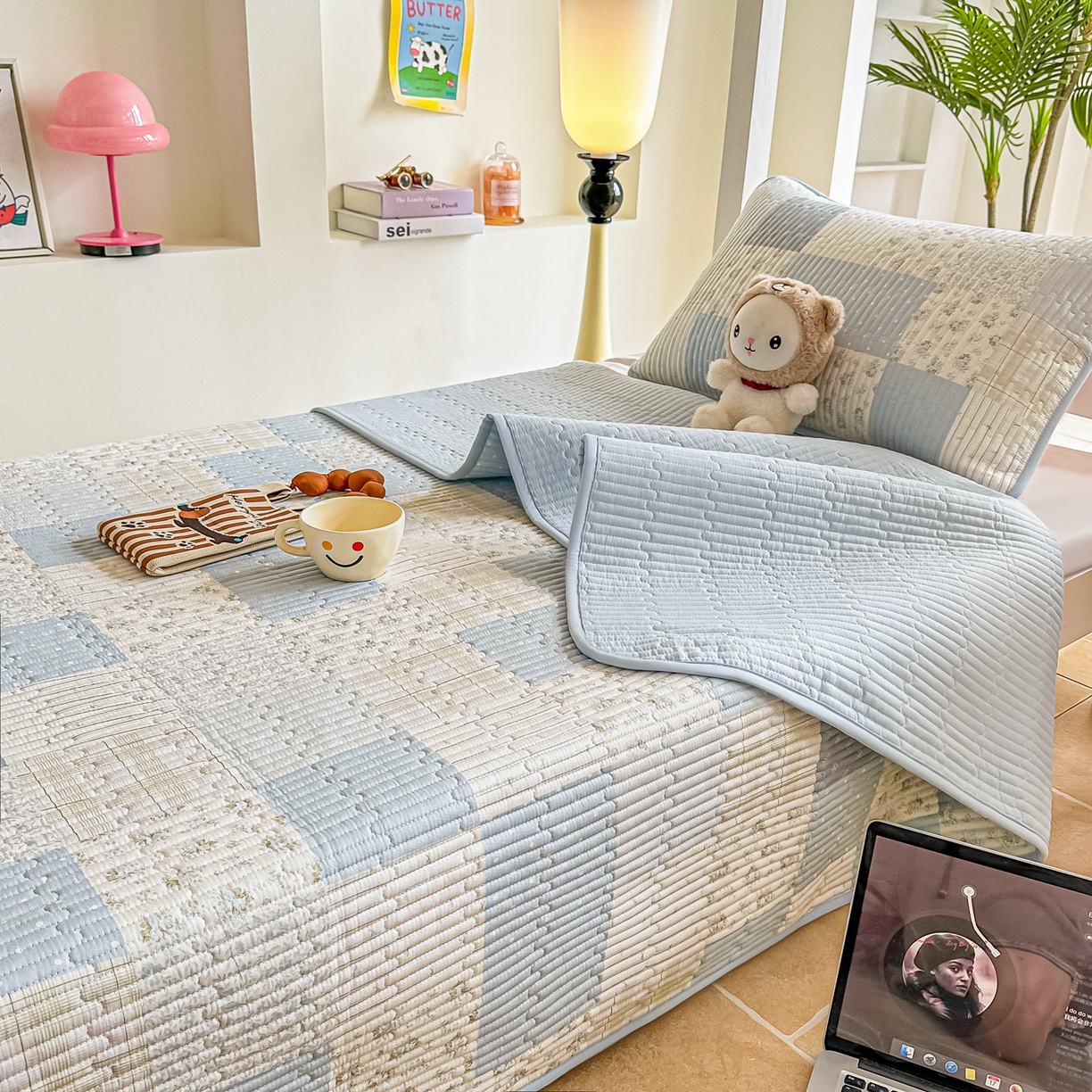 91家纺网 家纺一手货源 找家纺 恒尚居 2025新款A类全棉印花夹棉床盖四季款-系列一 【芳菲-蓝】全棉-四季款