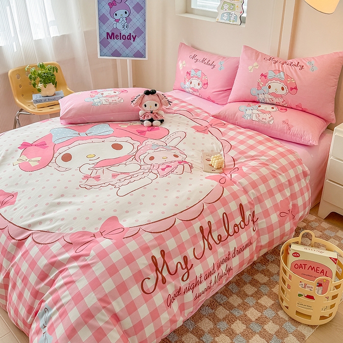 91家纺网 家纺一手货源 找家纺 玉元坊 2025新款大版三丽鸥系列全棉纯棉床单纯棉床裙三四件套简约款 玩偶美乐蒂