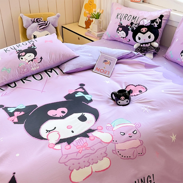 91家纺网 家纺一手货源 找家纺 玉元坊 2025新款大版三丽鸥系列全棉纯棉床单纯棉床裙三四件套简约款 巴库库洛米