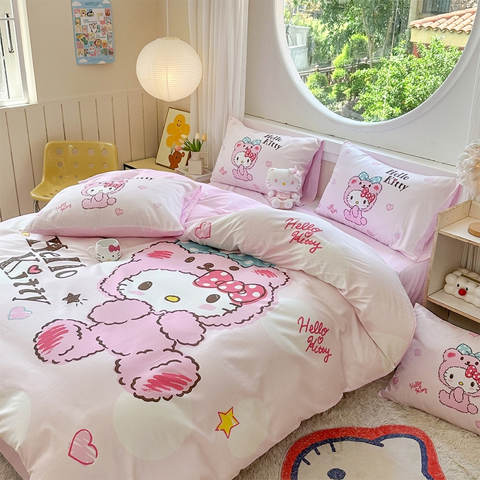 91家纺网 家纺一手货源 找家纺 玉元坊 2025新款大版三丽鸥系列全棉纯棉床单纯棉床裙三四件套简约款 宝宝凯蒂猫