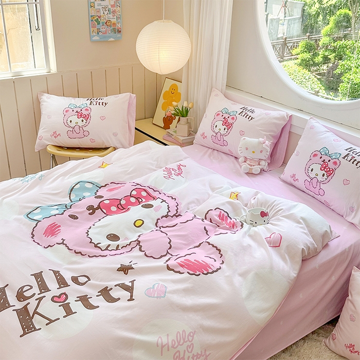 91家纺网 家纺一手货源 找家纺 玉元坊 2025新款大版三丽鸥系列全棉纯棉床单纯棉床裙三四件套简约款 宝宝凯蒂猫