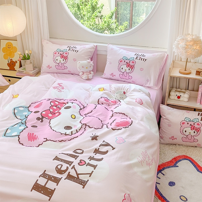 91家纺网 家纺一手货源 找家纺 玉元坊 2025新款大版三丽鸥系列全棉纯棉床单纯棉床裙三四件套简约款 宝宝凯蒂猫