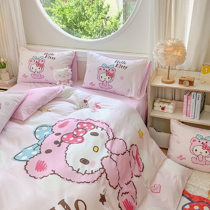 91家纺网 家纺一手货源 找家纺 玉元坊 2025新款大版三丽鸥系列全棉纯棉床单纯棉床裙三四件套简约款 宝宝凯蒂猫