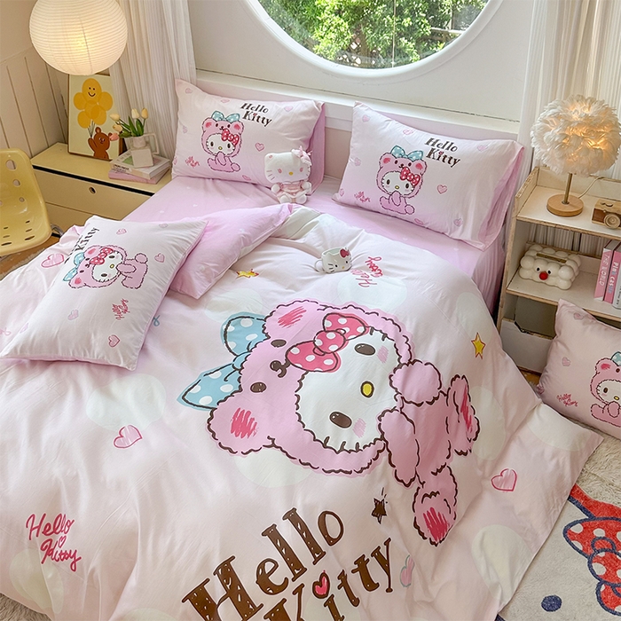 91家纺网 家纺一手货源 找家纺 玉元坊 2025新款大版三丽鸥系列全棉纯棉床单纯棉床裙三四件套简约款 宝宝凯蒂猫