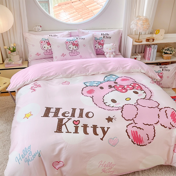 91家纺网 家纺一手货源 找家纺 玉元坊 2025新款大版三丽鸥系列全棉纯棉床单纯棉床裙三四件套简约款 宝宝凯蒂猫