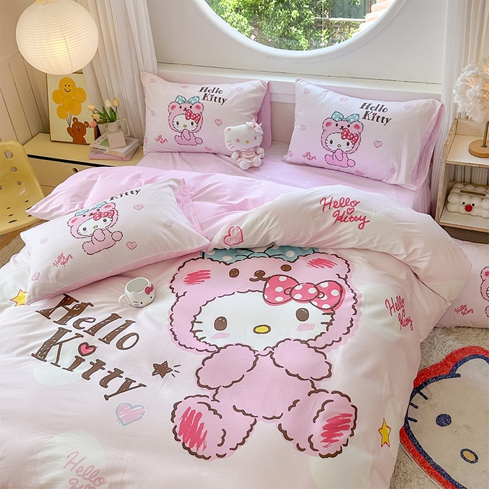 91家纺网 家纺一手货源 找家纺 玉元坊 2025新款大版三丽鸥系列全棉纯棉床单纯棉床裙三四件套简约款 宝宝凯蒂猫