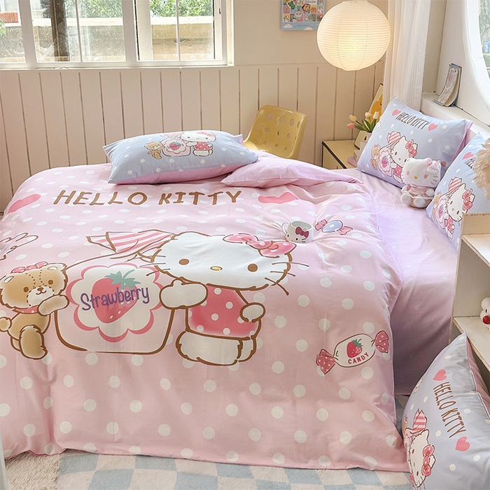 91家纺网 家纺一手货源 找家纺 玉元坊 2025新款大版三丽鸥系列全棉纯棉床单纯棉床裙三四件套简约款 草莓糖果凯蒂猫