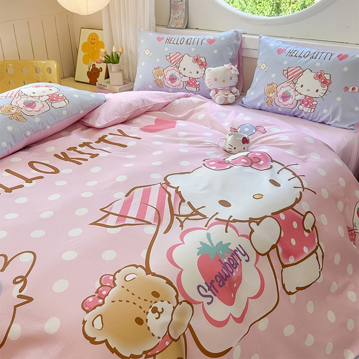 91家纺网 家纺一手货源 找家纺 玉元坊 2025新款大版三丽鸥系列全棉纯棉床单纯棉床裙三四件套简约款 草莓糖果凯蒂猫