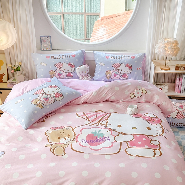 91家纺网 家纺一手货源 找家纺 玉元坊 2025新款大版三丽鸥系列全棉纯棉床单纯棉床裙三四件套简约款 草莓糖果凯蒂猫