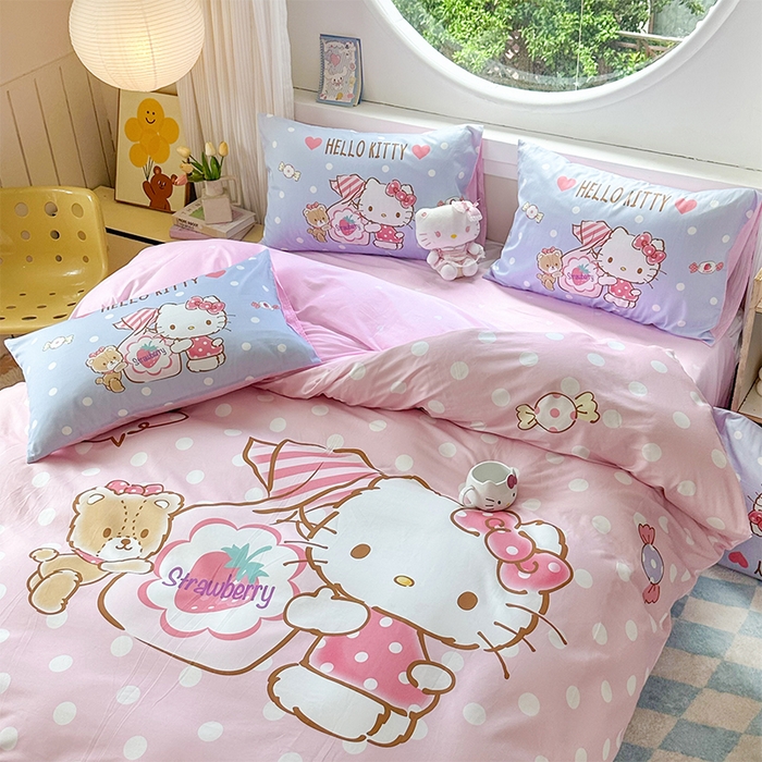 91家纺网 家纺一手货源 找家纺 玉元坊 2025新款大版三丽鸥系列全棉纯棉床单纯棉床裙三四件套简约款 草莓糖果凯蒂猫