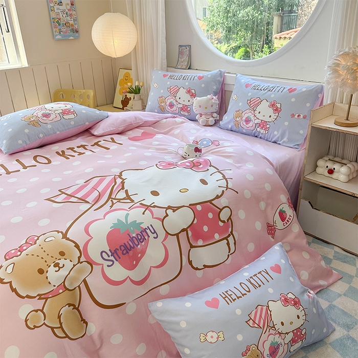 91家纺网 家纺一手货源 找家纺 玉元坊 2025新款大版三丽鸥系列全棉纯棉床单纯棉床裙三四件套简约款 草莓糖果凯蒂猫