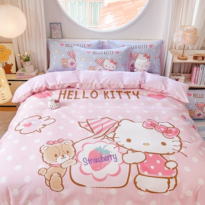 91家纺网 家纺一手货源 找家纺 玉元坊 2025新款大版三丽鸥系列全棉纯棉床单纯棉床裙三四件套简约款 草莓糖果凯蒂猫