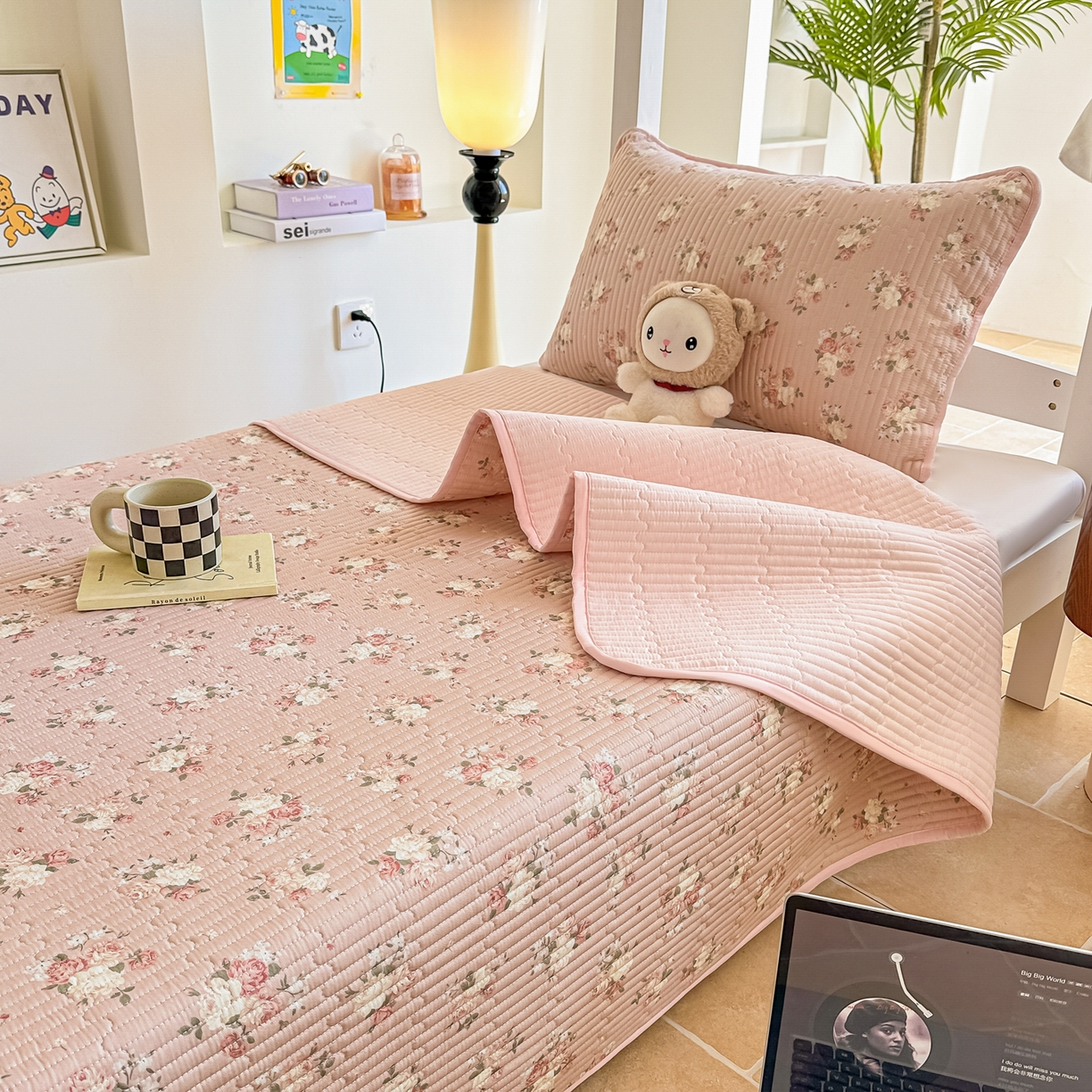 91家纺网 家纺一手货源 找家纺 恒尚居 2025新款A类全棉印花夹棉床盖四季款-系列一 【晚庭粉】全棉-四季款