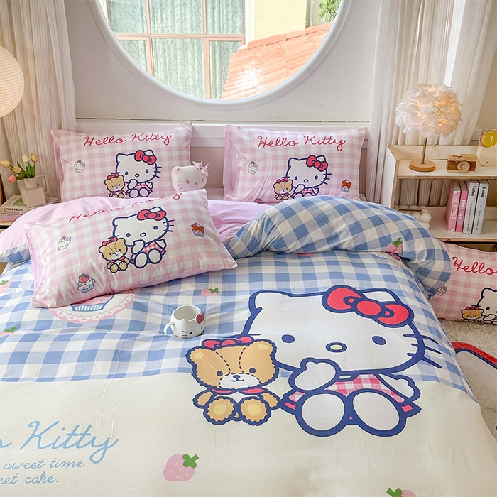 91家纺网 家纺一手货源 找家纺 玉元坊 2025新款大版三丽鸥系列全棉纯棉床单纯棉床裙三四件套简约款 凯蒂猫和熊