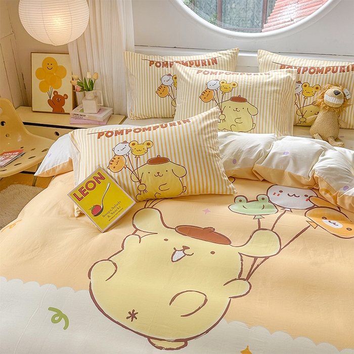 91家纺网 家纺一手货源 找家纺 玉元坊 2025新款大版三丽鸥系列全棉纯棉床单纯棉床裙三四件套简约款 奶黄包布丁狗