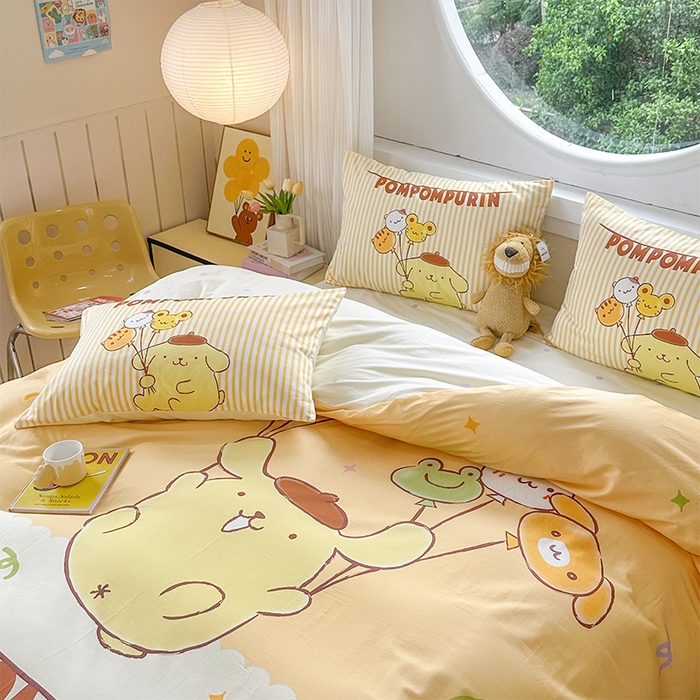 91家纺网 家纺一手货源 找家纺 玉元坊 2025新款大版三丽鸥系列全棉纯棉床单纯棉床裙三四件套简约款 奶黄包布丁狗