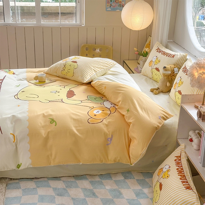 91家纺网 家纺一手货源 找家纺 玉元坊 2025新款大版三丽鸥系列全棉纯棉床单纯棉床裙三四件套简约款 奶黄包布丁狗