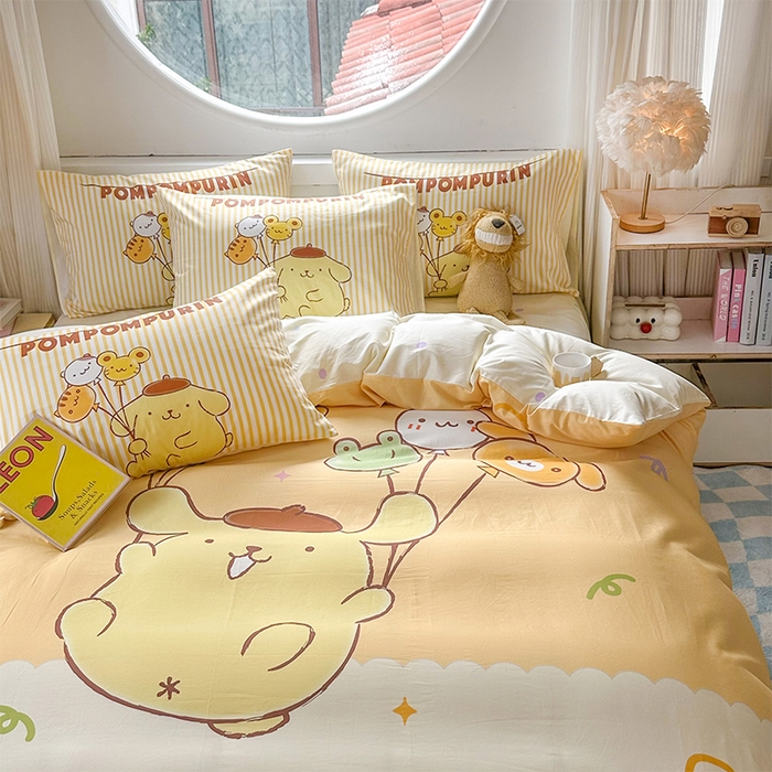 91家纺网 家纺一手货源 找家纺 玉元坊 2025新款大版三丽鸥系列全棉纯棉床单纯棉床裙三四件套简约款 奶黄包布丁狗