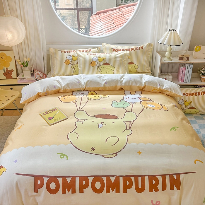 91家纺网 家纺一手货源 找家纺 玉元坊 2025新款大版三丽鸥系列全棉纯棉床单纯棉床裙三四件套简约款 奶黄包布丁狗