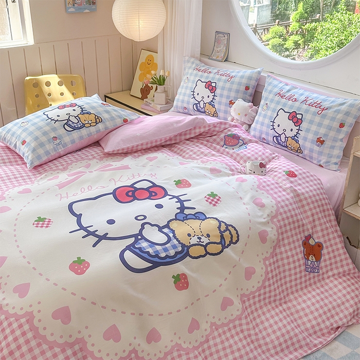 91家纺网 家纺一手货源 找家纺 玉元坊 2025新款大版三丽鸥系列全棉纯棉床单纯棉床裙三四件套简约款 奶油凯蒂猫