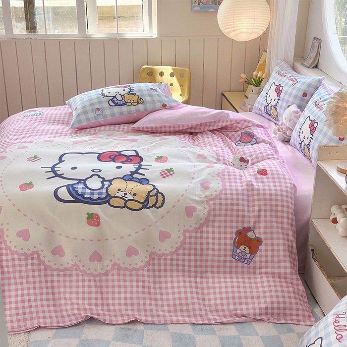 91家纺网 家纺一手货源 找家纺 玉元坊 2025新款大版三丽鸥系列全棉纯棉床单纯棉床裙三四件套简约款 奶油凯蒂猫