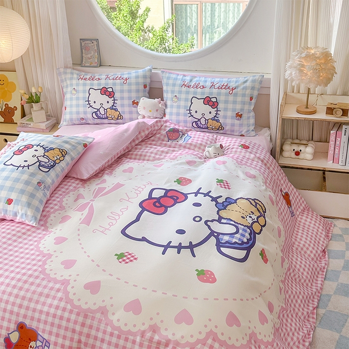 91家纺网 家纺一手货源 找家纺 玉元坊 2025新款大版三丽鸥系列全棉纯棉床单纯棉床裙三四件套简约款 奶油凯蒂猫