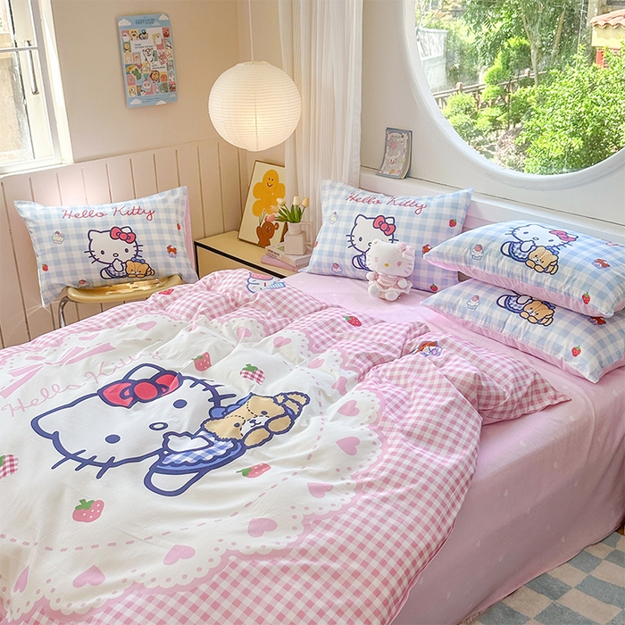 91家纺网 家纺一手货源 找家纺 玉元坊 2025新款大版三丽鸥系列全棉纯棉床单纯棉床裙三四件套简约款 奶油凯蒂猫