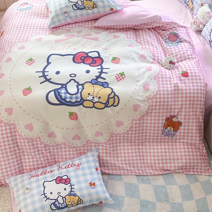 91家纺网 家纺一手货源 找家纺 玉元坊 2025新款大版三丽鸥系列全棉纯棉床单纯棉床裙三四件套简约款 奶油凯蒂猫