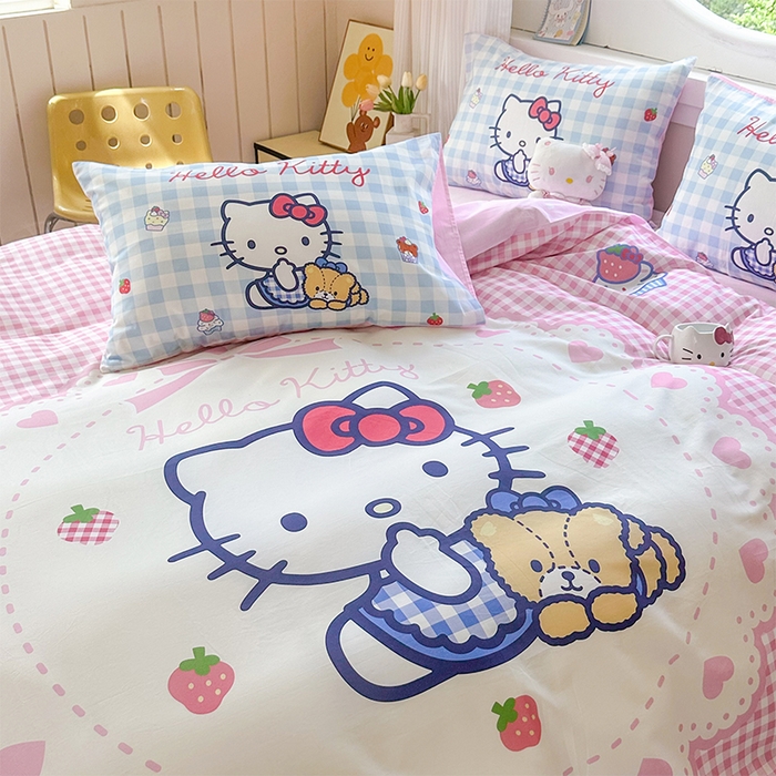 91家纺网 家纺一手货源 找家纺 玉元坊 2025新款大版三丽鸥系列全棉纯棉床单纯棉床裙三四件套简约款 奶油凯蒂猫