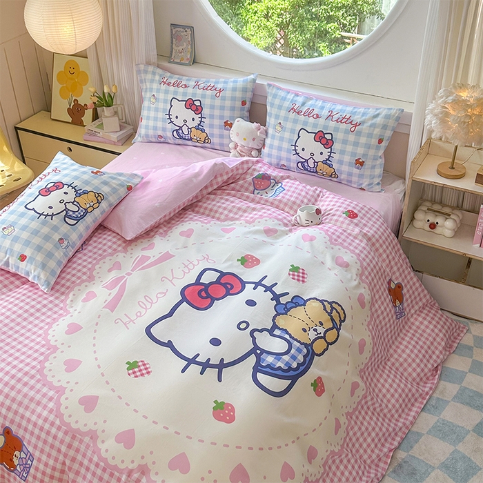 91家纺网 家纺一手货源 找家纺 玉元坊 2025新款大版三丽鸥系列全棉纯棉床单纯棉床裙三四件套简约款 奶油凯蒂猫