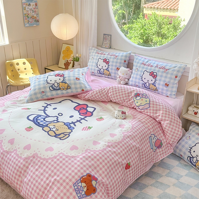 91家纺网 家纺一手货源 找家纺 玉元坊 2025新款大版三丽鸥系列全棉纯棉床单纯棉床裙三四件套简约款 奶油凯蒂猫