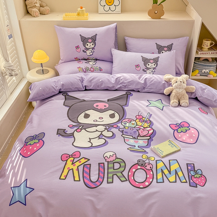 91家纺网 家纺一手货源 找家纺 玉元坊 2025新款大版三丽鸥系列全棉纯棉床单纯棉床裙三四件套简约款 草莓库洛米