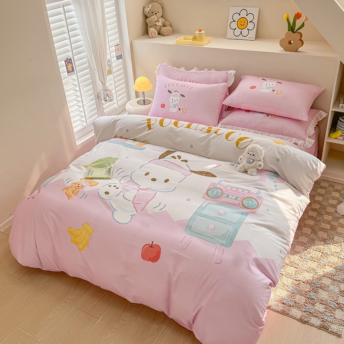 91家纺网 家纺一手货源 找家纺 玉元坊 2025新款大版三丽鸥系列全棉纯棉床单纯棉床裙三四件套简约款 活力帕恰狗