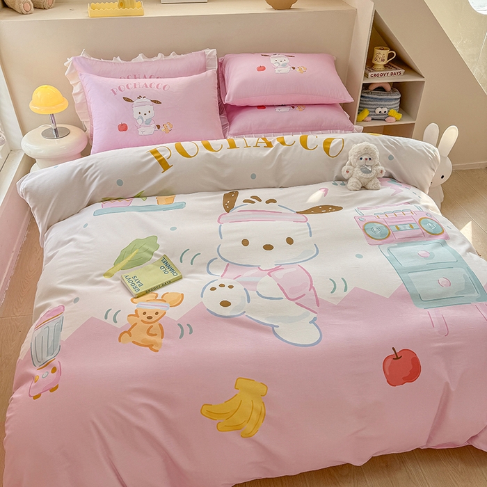 91家纺网 家纺一手货源 找家纺 玉元坊 2025新款大版三丽鸥系列全棉纯棉床单纯棉床裙三四件套简约款 活力帕恰狗