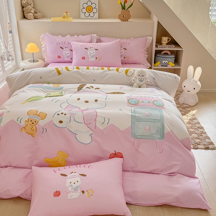 91家纺网 家纺一手货源 找家纺 玉元坊 2025新款大版三丽鸥系列全棉纯棉床单纯棉床裙三四件套简约款 活力帕恰狗